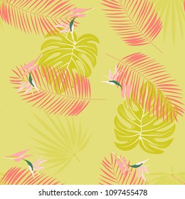 Beautiful tropical seamless pattern with flowers and leaves. Flowers of the jungle. Summer background with tropical leaves and flowers for fabric, wallpaper and cover