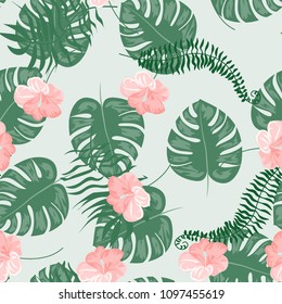 Beautiful tropical seamless pattern with flowers and leaves. Flowers of the jungle. Summer background with tropical leaves and flowers for fabric, wallpaper and cover