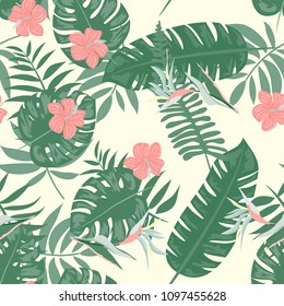 Beautiful tropical seamless pattern with flowers and leaves. Flowers of the jungle. Summer background with tropical leaves and flowers for fabric, wallpaper and cover