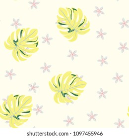 Beautiful tropical seamless pattern with flowers and leaves. Flowers of the jungle. Summer background with tropical leaves and flowers for fabric, wallpaper and cover