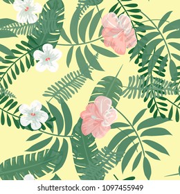 Beautiful tropical seamless pattern with flowers and leaves. Flowers of the jungle. Summer background with tropical leaves and flowers for fabric, wallpaper and cover