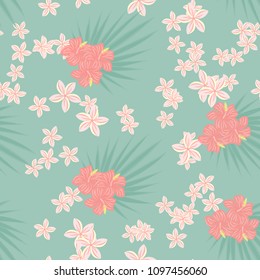 Beautiful tropical seamless pattern with flowers and leaves. Flowers of the jungle. Summer background with tropical leaves and flowers for fabric, wallpaper and cover