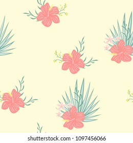 Beautiful tropical seamless pattern with flowers and leaves. Flowers of the jungle. Summer background with tropical leaves and flowers for fabric, wallpaper and cover