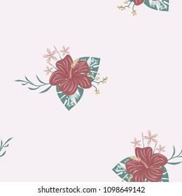 Beautiful tropical seamless pattern with flowers and leaves. Flowers of the jungle. Summer background with tropical leaves and flowers for fabric, wallpaper and cover