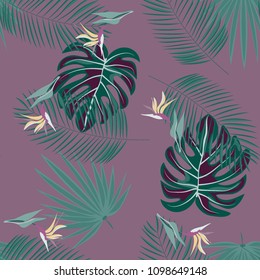 Beautiful tropical seamless pattern with flowers and leaves. Flowers of the jungle. Summer background with tropical leaves and flowers for fabric, wallpaper and cover