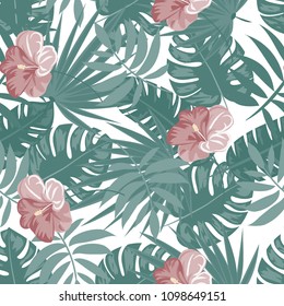 Beautiful tropical seamless pattern with flowers and leaves. Flowers of the jungle. Summer background with tropical leaves and flowers for fabric, wallpaper and cover