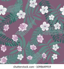 Beautiful tropical seamless pattern with flowers and leaves. Flowers of the jungle. Summer background with tropical leaves and flowers for fabric, wallpaper and cover
