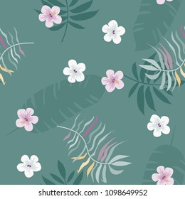 Beautiful tropical seamless pattern with flowers and leaves. Flowers of the jungle. Summer background with tropical leaves and flowers for fabric, wallpaper and cover
