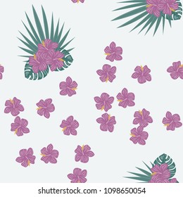 Beautiful tropical seamless pattern with flowers and leaves. Flowers of the jungle. Summer background with tropical leaves and flowers for fabric, wallpaper and cover