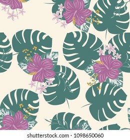 Beautiful tropical seamless pattern with flowers and leaves. Flowers of the jungle. Summer background with tropical leaves and flowers for fabric, wallpaper and cover