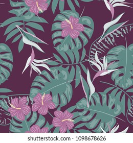 Beautiful tropical seamless pattern with flowers and leaves. Flowers of the jungle. Summer background with tropical leaves and flowers for fabric, wallpaper and cover