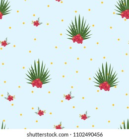 Beautiful tropical seamless pattern with flowers and leaves. Flowers of the jungle. Summer background with tropical leaves and flowers for fabric, wallpaper and cover