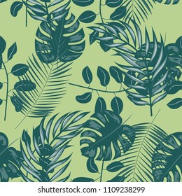 Beautiful tropical seamless pattern with flowers and leaves. Flowers of the jungle. Summer background with tropical leaves and flowers for fabric, wallpaper and cover.