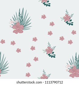 Beautiful tropical seamless pattern with flowers and leaves. Flowers of the jungle. Summer background with tropical leaves and flowers for fabric, wallpaper and cover.