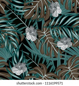 Beautiful tropical seamless pattern with flowers and leaves. Flowers of the jungle. Summer background with tropical leaves and flowers for fabric, wallpaper and cover.