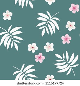 Beautiful tropical seamless pattern with flowers and leaves. Flowers of the jungle. Summer background with tropical leaves and flowers for fabric, wallpaper and cover.