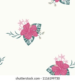Beautiful tropical seamless pattern with flowers and leaves. Flowers of the jungle. Summer background with tropical leaves and flowers for fabric, wallpaper and cover.