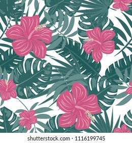 Beautiful tropical seamless pattern with flowers and leaves. Flowers of the jungle. Summer background with tropical leaves and flowers for fabric, wallpaper and cover.