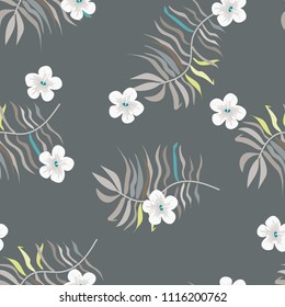 Beautiful tropical seamless pattern with flowers and leaves. Flowers of the jungle. Summer background with tropical leaves and flowers for fabric, wallpaper and cover.