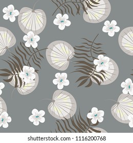 Beautiful tropical seamless pattern with flowers and leaves. Flowers of the jungle. Summer background with tropical leaves and flowers for fabric, wallpaper and cover.