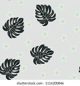 Beautiful tropical seamless pattern with flowers and leaves. Flowers of the jungle. Summer background with tropical leaves and flowers for fabric, wallpaper and cover.