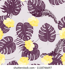 Beautiful tropical seamless pattern with flowers and leaves. Flowers of the jungle. Summer background with tropical leaves and flowers for fabric, wallpaper and cover