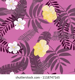 Beautiful tropical seamless pattern with flowers and leaves. Flowers of the jungle. Summer background with tropical leaves and flowers for fabric, wallpaper and cover