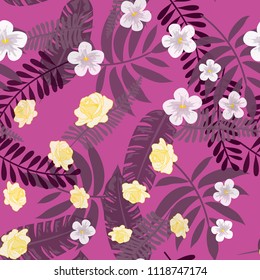 Beautiful tropical seamless pattern with flowers and leaves. Flowers of the jungle. Summer background with tropical leaves and flowers for fabric, wallpaper and cover