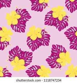 Beautiful tropical seamless pattern with flowers and leaves. Flowers of the jungle. Summer background with tropical leaves and flowers for fabric, wallpaper and cover