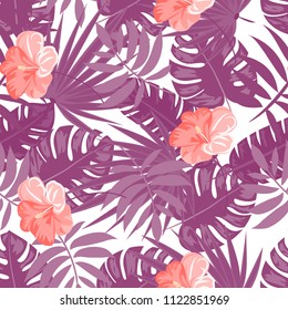 Beautiful tropical seamless pattern with flowers and leaves. Flowers of the jungle. Summer background with tropical leaves and flowers for fabric, wallpaper and cover
