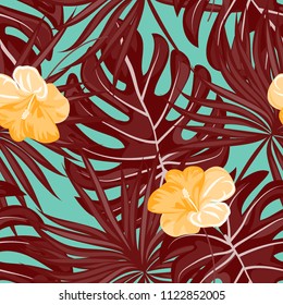 Beautiful tropical seamless pattern with flowers and leaves. Flowers of the jungle. Summer background with tropical leaves and flowers for fabric, wallpaper and cover