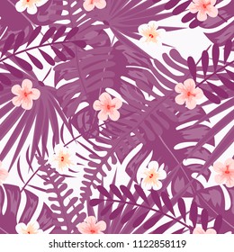 Beautiful tropical seamless pattern with flowers and leaves. Flowers of the jungle. Summer background with tropical leaves and flowers for fabric, wallpaper and cover