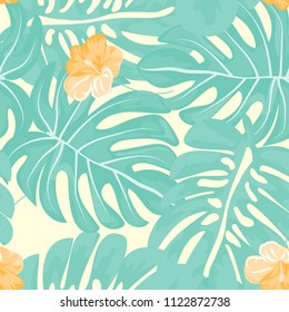 Beautiful tropical seamless pattern with flowers and leaves. Flowers of the jungle. Summer background with tropical leaves and flowers for fabric, wallpaper and cover