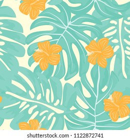 Beautiful tropical seamless pattern with flowers and leaves. Flowers of the jungle. Summer background with tropical leaves and flowers for fabric, wallpaper and cover