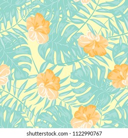 Beautiful tropical seamless pattern with flowers and leaves. Flowers of the jungle. Summer background with tropical leaves and flowers for fabric, wallpaper and cover