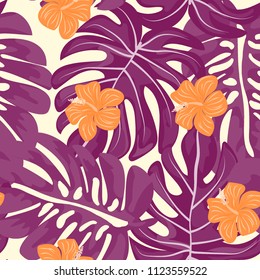 Beautiful tropical seamless pattern with flowers and leaves. Flowers of the jungle. Summer background with tropical leaves and flowers for fabric, wallpaper and cover