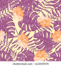 Beautiful tropical seamless pattern with flowers and leaves. Flowers of the jungle. Summer background with tropical leaves and flowers for fabric, wallpaper and cover