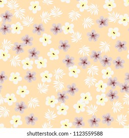 Beautiful tropical seamless pattern with flowers and leaves. Flowers of the jungle. Summer background with tropical leaves and flowers for fabric, wallpaper and cover