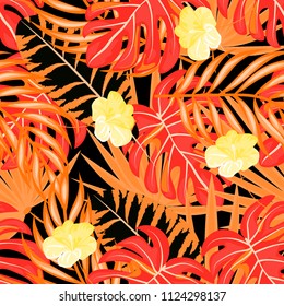 Beautiful tropical seamless pattern with flowers and orange leaves. Flowers of the jungle. Summer background with tropical leaves and flowers for fabric, wallpaper and cover