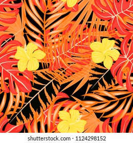 Beautiful tropical seamless pattern with flowers and orange leaves. Flowers of the jungle. Summer background with tropical leaves and flowers for fabric, wallpaper and cover