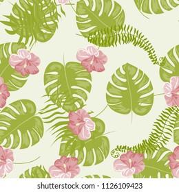 Beautiful tropical seamless pattern with flowers and leaves. Flowers of the jungle. Summer background with tropical leaves and flowers for fabric, wallpaper and cover