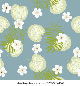 Beautiful tropical seamless pattern with flowers and leaves. Flowers of the jungle. Summer background with tropical leaves and flowers for fabric, wallpaper and cover