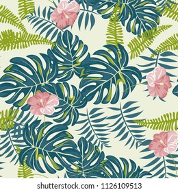 Schönes tropisches nahtloses Muster mit Blumen und Blättern. Blumen des Dschungels. Sommerhintergrund mit tropischen Blättern und Blumen für Stoff, Tapete und Deckung