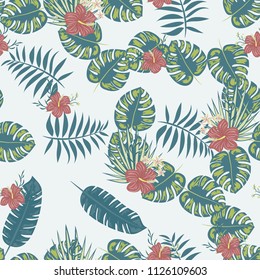 Beautiful tropical seamless pattern with flowers and leaves. Flowers of the jungle. Summer background with tropical leaves and flowers for fabric, wallpaper and cover