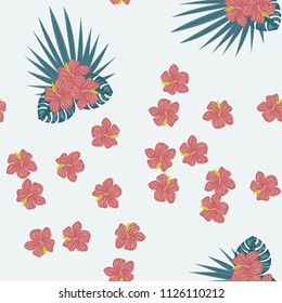 Beautiful tropical seamless pattern with flowers and leaves. Flowers of the jungle. Summer background with tropical leaves and flowers for fabric, wallpaper and cover