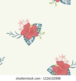 Beautiful tropical seamless pattern with flowers and leaves. Flowers of the jungle. Summer background with tropical leaves and flowers for fabric, wallpaper and cover