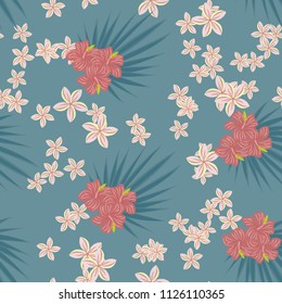 Beautiful tropical seamless pattern with flowers and leaves. Flowers of the jungle. Summer background with tropical leaves and flowers for fabric, wallpaper and cover