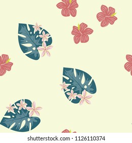 Beautiful tropical seamless pattern with flowers and leaves. Flowers of the jungle. Summer background with tropical leaves and flowers for fabric, wallpaper and cover