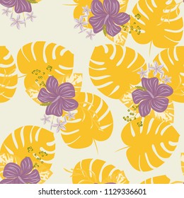 Beautiful tropical seamless pattern with flowers and leaves. Flowers of the jungle. Summer background with tropical leaves and flowers for fabric, wallpaper and cover