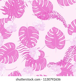 Beautiful tropical seamless pattern with flowers and leaves. Flowers of the jungle. Summer background with tropical leaves and flowers for fabric, wallpaper and cover